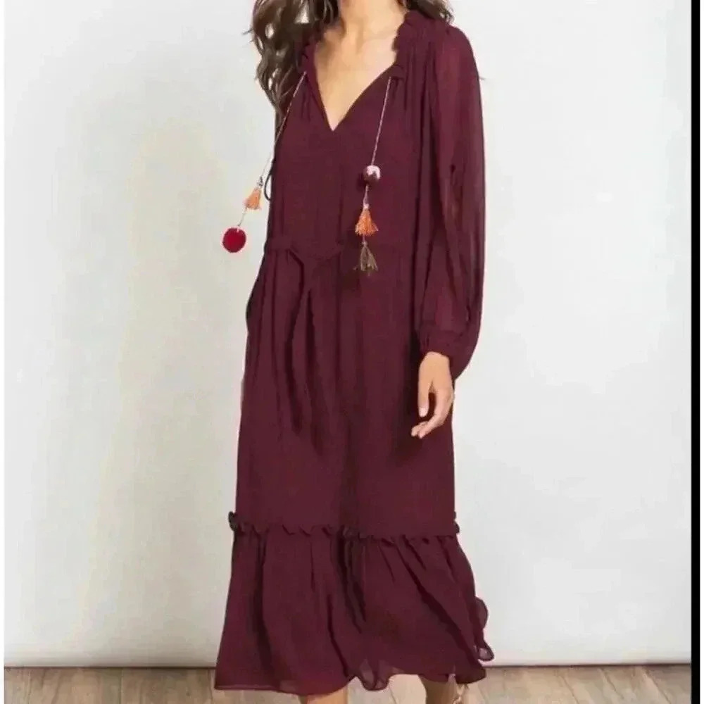 Misa Los Angeles Dress Maroon Tereza Dress Boho Peasant Oversized Dress Size XS - Picture 1 of 16